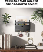 Rebee Vision Decorative Mail Organizer - Wood Key Holder Wall Mount with Storage Drawer and 7 Key Hooks - Home Decor for Organizing Your Entryway, Hallway, or Office (Black)