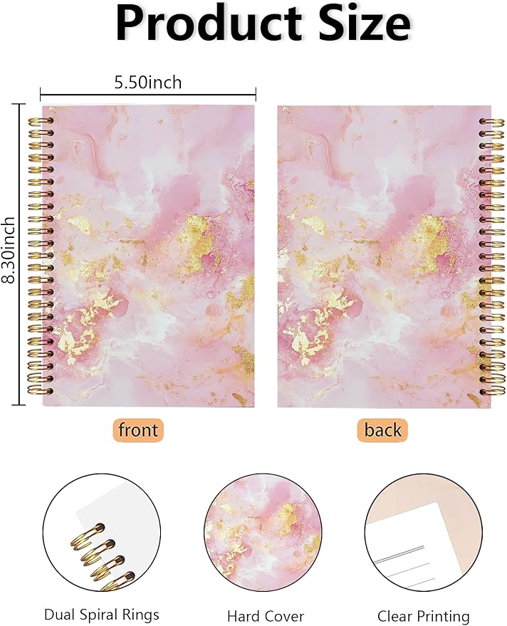 BitKan Cute Pink Marble Spiral Notebooks – Pink Gold Luxury Design Hardcover Journal for Women/Teen Girls/Teens/Students, Pretty Journals Gifts for College/Worker/Journaling, 8.3x5.5 in