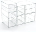 Prsildan Acrylic Drawer Makeup Organizer with 9 Drawers, Set of 3 Office Desk Organizers Accessories, Clear Stackable Storage Drawers for Vanity, Countertop, Craft, Jewelry, Art Supply Organization
