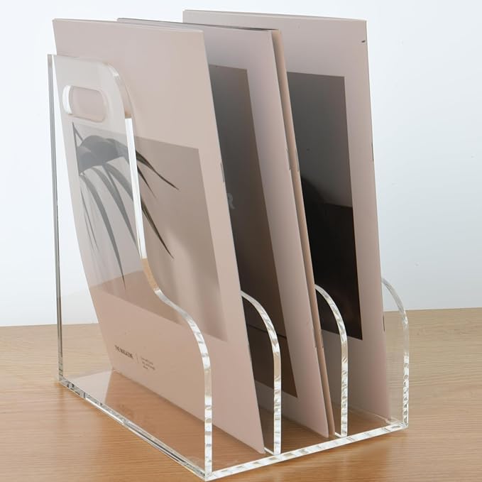 AIMOLLY 3 Vertical Compartments File Holder, Clear Acrylic Desk Organizer and Storage Bins Holding for Magazines, Binders, Notebooks, Envelopes, Multi-purpose Document Organizer for Home Office