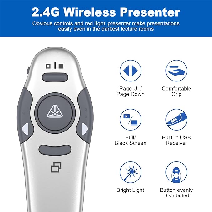 QUI Presentation Clicker Wireless Presenter Remote Clicker for PowerPoint Presentation Remote, PowerPoint Slide Advancer for Mac/Windows/Linux, Google Slide/PPT/Keynote, USB A, Silver