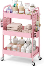 KINGRACK 3 Tier Rolling Cart with DIY Hanging Board, Metal Rolling Utility Cart with Wheels Handles Baskets Hooks, Rolling Storage Cart Suitable for Bathroom, Kitchen, Office, Nursery Diaper (Pink)