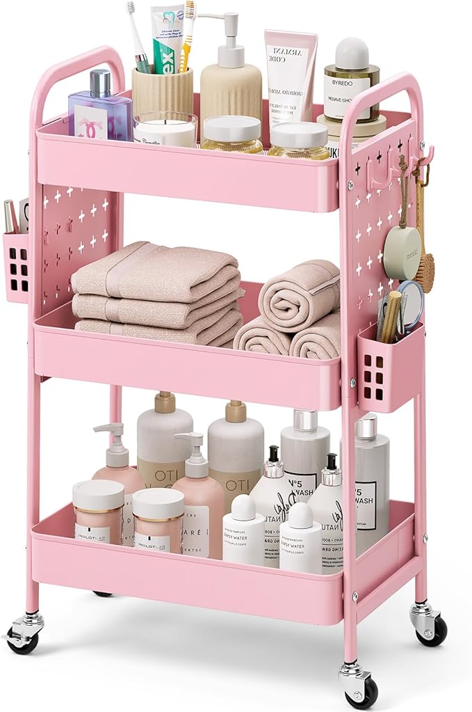 KINGRACK 3 Tier Rolling Cart with DIY Hanging Board, Metal Rolling Utility Cart with Wheels Handles Baskets Hooks, Rolling Storage Cart Suitable for Bathroom, Kitchen, Office, Nursery Diaper (Pink)