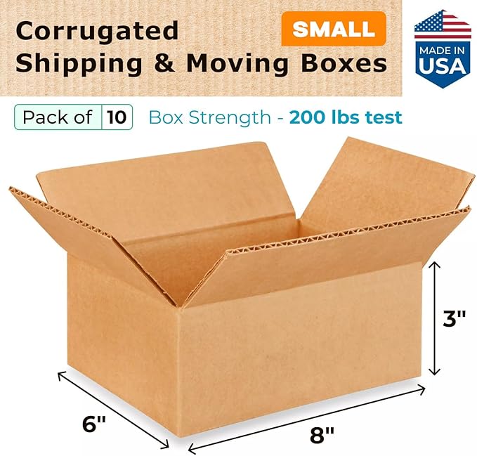 Small Moving & Shipping Boxes 8x6x3 inches (10-Pack) - Extra Strength 200 lb vs Regular - Corrugated Packing Boxes for Moving - Cardboard Moving Box - Packing Box Small by IDL Packaging