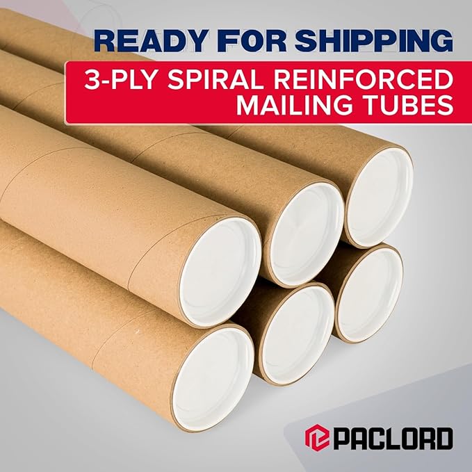 Paclord 3" x 36" Heavy-Duty Reinforced Cardboard Mailing Tube, Pack of 2 Tubes with 4 Caps – Secure USPS Approved – Great for Shipping and Storing of Prints, Artwork, Posters or Documents