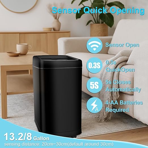 Smartowner 8 Gallon Motion Sensor Trash Can with Roll Lid & Wheels - Automatic Touchless Trashcans for Kitchens, Bedroom, Office Trash Bin (Black)