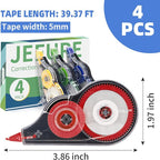JEFURE 4 Pcs Colorful Correction Tape, 39.4 Ft White Wrong Out Tear-Resistant Bulk, Instant Corrections Easy To Use Applicator for School, Office, Note Taking, Journal (Tape Width 0.2 in, Clear)