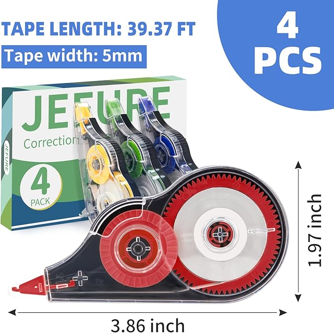 JEFURE 4 Pcs Colorful Correction Tape, 39.4 Ft White Wrong Out Tear-Resistant Bulk, Instant Corrections Easy To Use Applicator for School, Office, Note Taking, Journal (Tape Width 0.2 in, Clear)