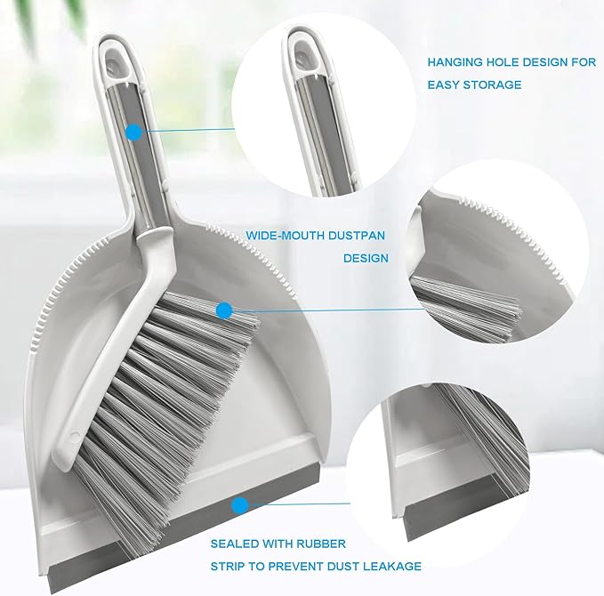 BSMstone Small Broom with Dustpan Combo Set Mini Broom and Brush Set Hand Sweeper for Cleaning Desk Office Kitchen Pet Nest (White)