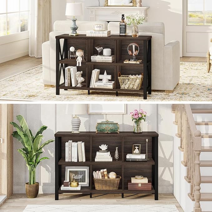 FATORRI 6 Cube Storage Organizer with Shelf, Short Horizontal Bookshelf for Living Room, Wood and Metal Cubby Bookcase, 47 Inch Industrial Low Book Shelf and Book Case (Dark Walnut)