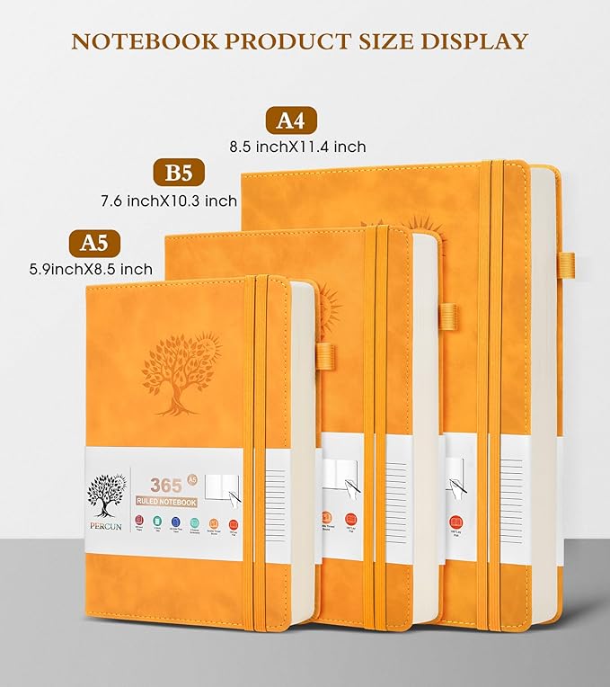 PERCUN A4 Lined Journal Notebook，365 Page Large Leather Journals for Writing Women Men，Hardcover Notebook with 100Gsm Thick Pages for Travel，Work，School，College Ruled, Daily Diary (8.5" x 11.4")