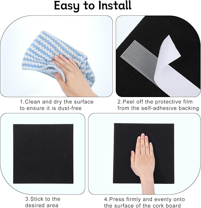 Large Cork Board 28" x 19", 6 Pack Felt Wall Tiles with Colored Pushpins, Bulletin Boards with Removable Self-Adhesive Strips, Pin Board Cork Boards for Walls Office Home-Black