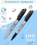 Thenshop 100 Pack Black Permanent Markers Bulk - Fine Point Permanent Marker Quick Drying Waterproof Pens for Doodling Writing Marking Classroom Work on Wood Metal Stone Glass, Office School Supplies