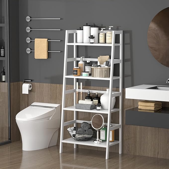 Homykic Ladder Shelf, 4-Tier Bamboo Ladder Bookshelf, 49.2” White Book Shelf, Open Bookcase Freestanding Plant Stand for Small Space, Bathroom, Living Room, Bedroom, Home Office