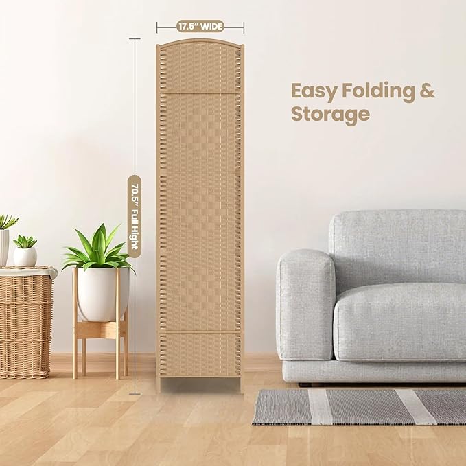 Cocosica 6 ft. Tall Room Divider and Folding Privacy Screen, Weave Fiber Foldable Panel Wall Divider with Diamond Pattern Weaved & 4 Panel Room Screen Divider Separator, Freestanding Room Divider