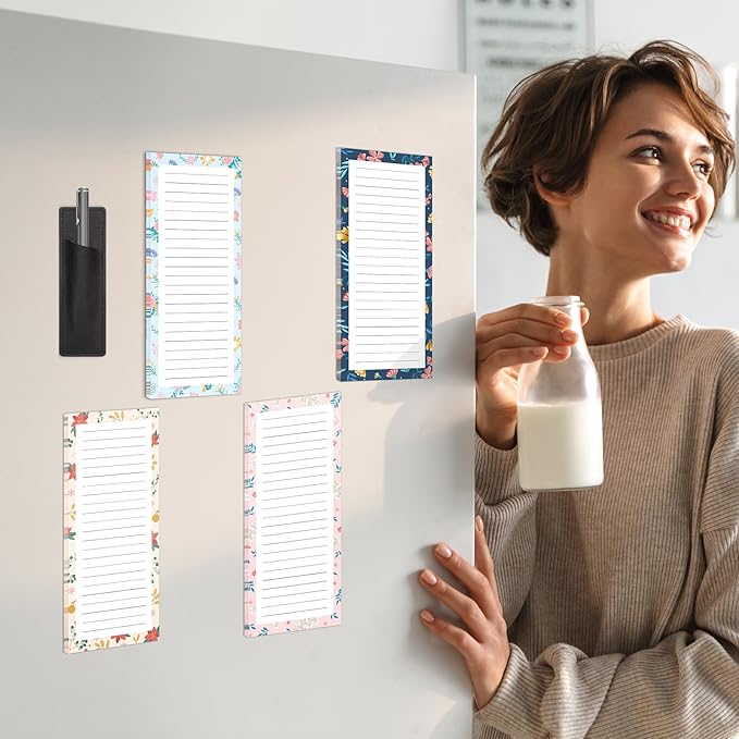 Thboxes 4 Pack Magnetic Note Pad for Fridge with Pen Holder, Totally 200 Sheets Magnetic To Do List, Shopping List, Grocery List, Memo Pads for Refrigerator（Floral Design）