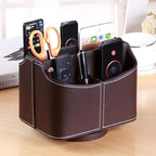 PUSU Remote Control Holder PU Leather 360 Degrees Rotatable Desktop Supply Organizer Storage Box for Controllers Media Stationery Nightstand TV Caddy E-reader iPad Phone Pen/Pencil Cosmetic(Brown)