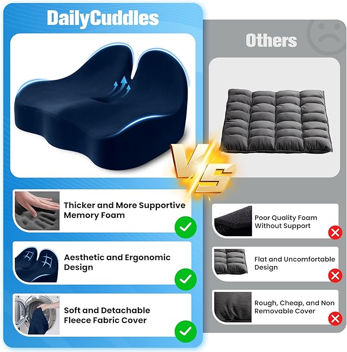 DailyCuddles Seat Cushion, Chair Cushions for Office Chairs/Desk Seats/Wheelchair - Hip&Sciatica&Tailbone Pain Relief Memory Foam Office Chair Cushion for Long Sitting Office Workers, Blue