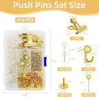 Gold Push Pins Set, 310 Pcs Decorative Thumb Tacks for Cork Board with Push Pin Hooks & Clips, 5 Styles Office Pushpins Set in Storage Box for Bulletin Board, Maps, Photos, Notes