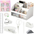 COMFYROOM Desk Accessories with Pen Holder, Office Supplies Desk Organizers and Accessories, Tape Dispenser, Stapler, Staple Remover, Staples, Clips Set, Ruler, Scissor, Pen, Tape (White)