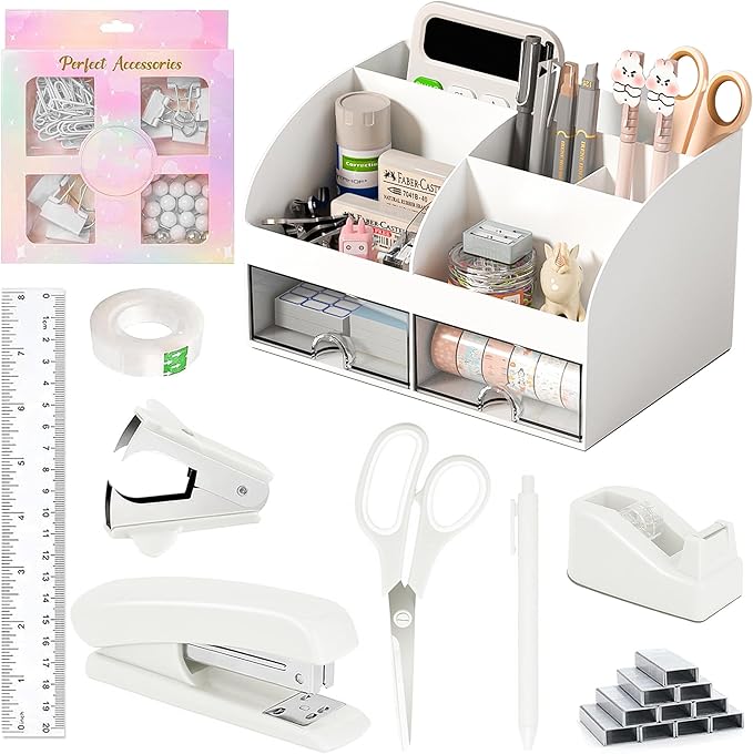 COMFYROOM Desk Accessories with Pen Holder, Office Supplies Desk Organizers and Accessories, Tape Dispenser, Stapler, Staple Remover, Staples, Clips Set, Ruler, Scissor, Pen, Tape (White)