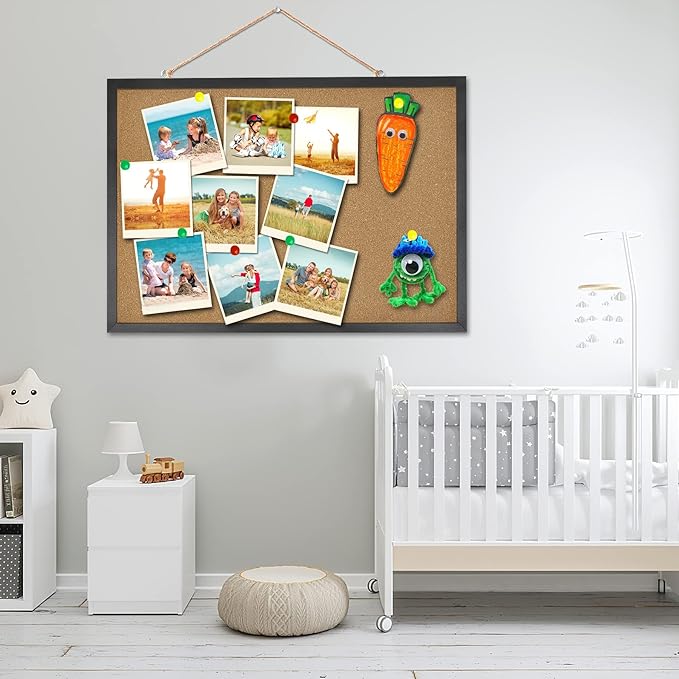 FEBSNOW Cork Board Bulletin Board 23 x 15.7Inches with Rectangle Black Frame Hanging Pin for Walls Office Message Board or Vision Board Decoration