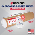 Paclord 4" x 18" Heavy-Duty Reinforced Cardboard Mailing Tube, Pack of 6 Tubes with 12 Caps – Secure USPS Approved – Great for Shipping and Storing of Prints, Artwork, Posters or Documents