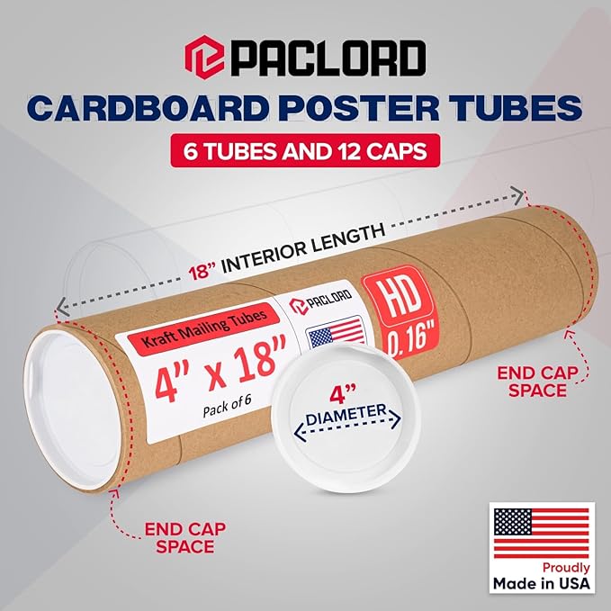 Paclord 4" x 18" Heavy-Duty Reinforced Cardboard Mailing Tube, Pack of 6 Tubes with 12 Caps – Secure USPS Approved – Great for Shipping and Storing of Prints, Artwork, Posters or Documents