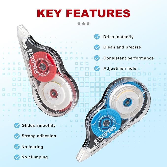 WISOPTUS 15PCS White Correction Tape with Dispenser, 39.37ft Each, Fast, Clean, Opaque and Easy to Use Tear-Resistant Correction Tape Bulk Office or School Supplies, Blue, Red, Gray