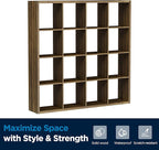 Jpiziso 16-Cube Storage Organizer Bookcase, Thick Frame Wood Grain Storage Shelf, Rectangular Cube Open Back Display Unit, 48.8x9.4x48.8 Inches for Living Room, Bedroom, Home Office, Natural Brown
