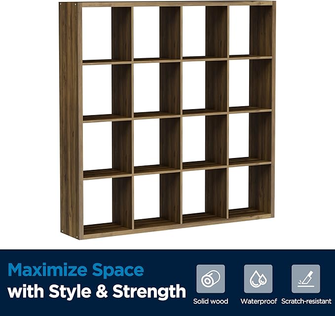Jpiziso 16-Cube Storage Organizer Bookcase, Thick Frame Wood Grain Storage Shelf, Rectangular Cube Open Back Display Unit, 48.8x9.4x48.8 Inches for Living Room, Bedroom, Home Office, Natural Brown