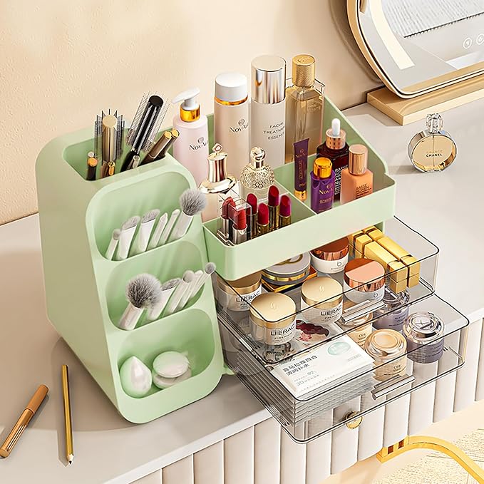 KQJS Makeup Organizer with Drawers,Large Capacity Countertop Organizer for Vanity,Bathroom and Bedroom Desk Cosmetics Organizer,Easy To Storage Skincare,Brushes,Lotions,Lipstick (Green)