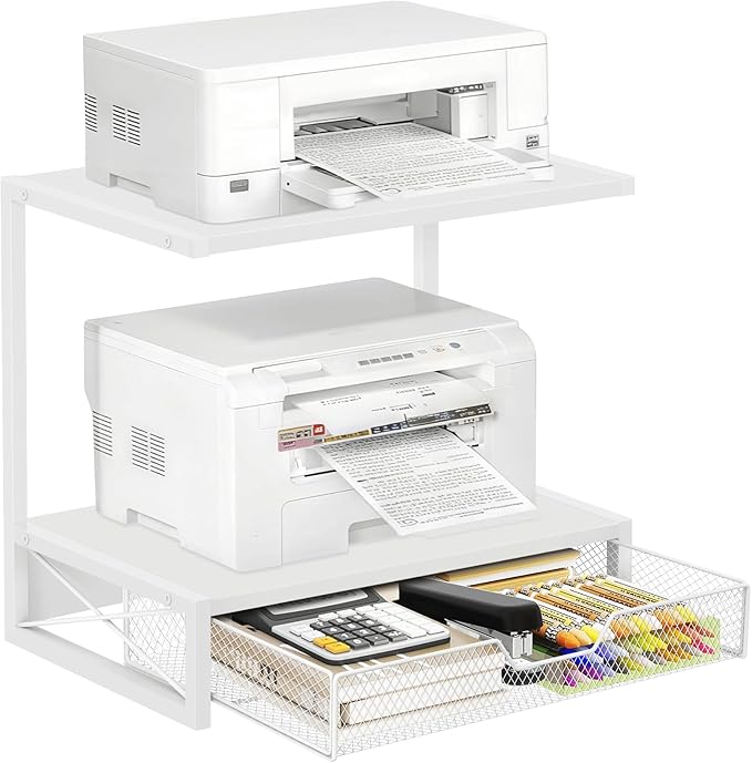 ELITEROO Printer Stand for Desk with Storage Drawer, 2 Tier Desktop or Under Desk Shelf, Wood Desktop Organizer for Home Office, Fits 3D Printer, Scanner, Fax Machine, Cricut, White