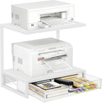 ELITEROO Printer Stand for Desk with Storage Drawer, 2 Tier Desktop or Under Desk Shelf, Wood Desktop Organizer for Home Office, Fits 3D Printer, Scanner, Fax Machine, Cricut, White