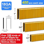 SimCos 18 Gauge 1/4" Narrow Crown Staples (1", 3/4", 1/2"), Assorted 1200 Counts for 18 GA Pneumatic or Electric Stapler or Staple Gun,Project Pack (Galvanized Steel)