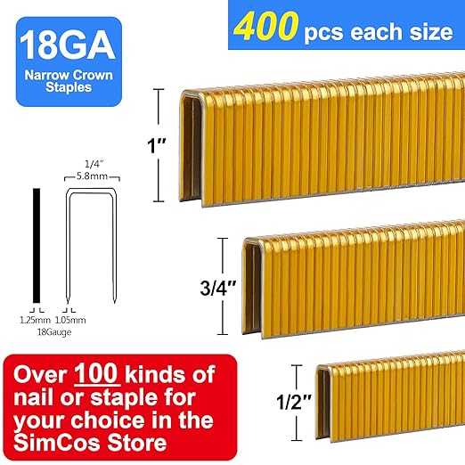 SimCos 18 Gauge 1/4" Narrow Crown Staples (1", 3/4", 1/2"), Assorted 1200 Counts for 18 GA Pneumatic or Electric Stapler or Staple Gun,Project Pack (Galvanized Steel)