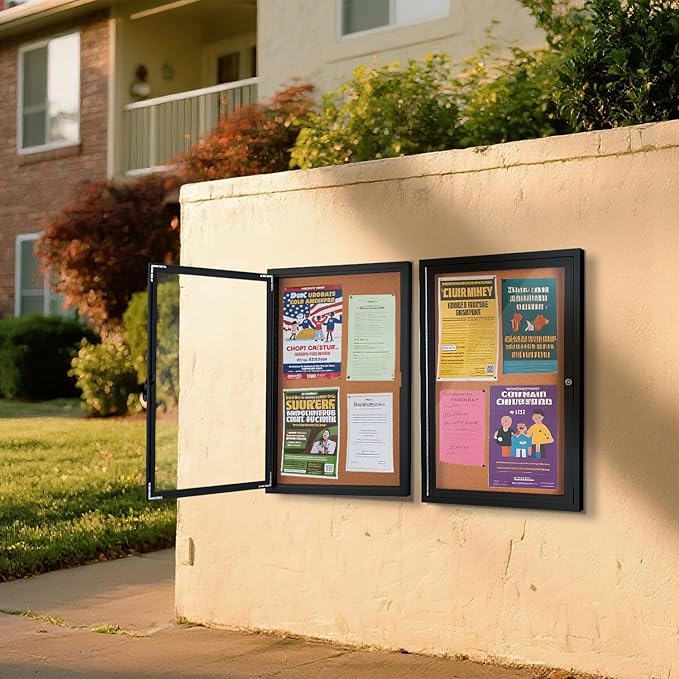 Homezelle Enclosed Cork Bulletin Board 36"x24" Outdoor Weatherproof Cork Noticeboard with Locking Door Wall-Mounted Black Aluminium Frame for Home, School, Office, Community, Hospital