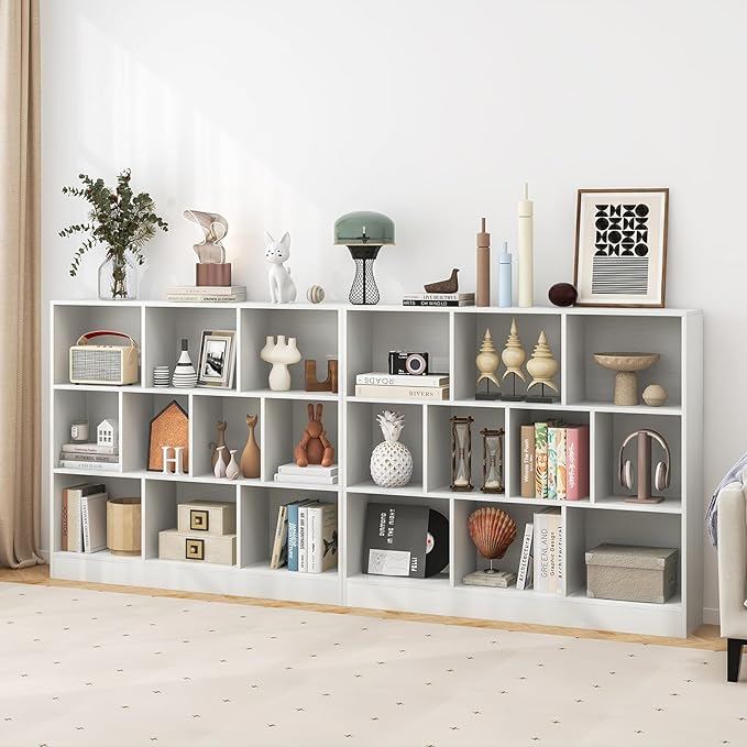Tangkula 10-Cube Bookshelf, 47.5”L Floor Bookcase with 2 Anti-Tipping Kits, Freestanding Storage Organizer, 4-Tier Display Shelf for Home, Office & Dorms, Natural/White (White, 10-Cube)