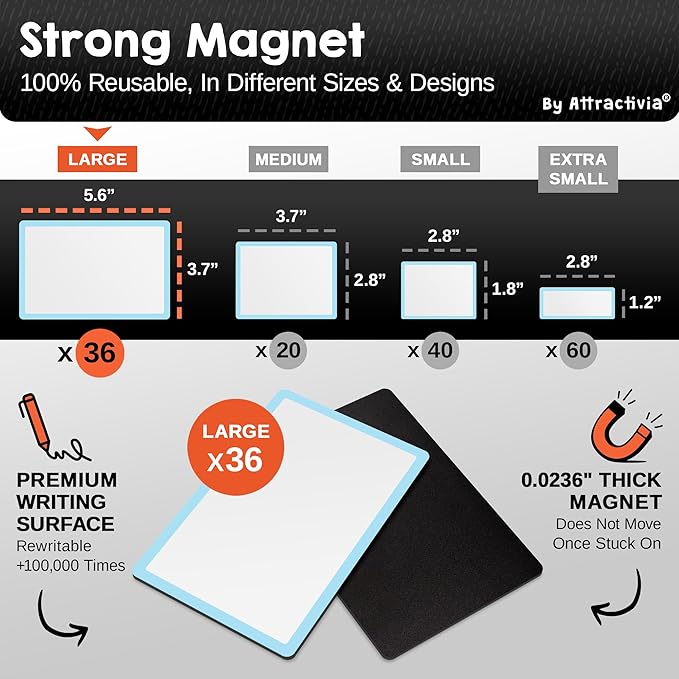 Attractivia Dry Erase Magnetic Labels 5.6 x 3.7 in, Color Borders, Large Dry Erase Magnets, 36-Pack, Erasable Write-On All-Purpose Labels, for Office, Kanban Boards, Education, Home, Whiteboard
