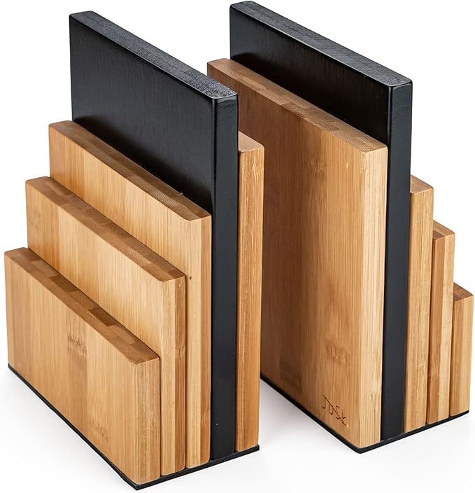 JUSK DESIGN Bamboo Book End/Book Organizer - Non-Skid Decorative Bookends for Office and Home - Book Holders for Shelves - Substantial Weight - Holds Heavy Books
