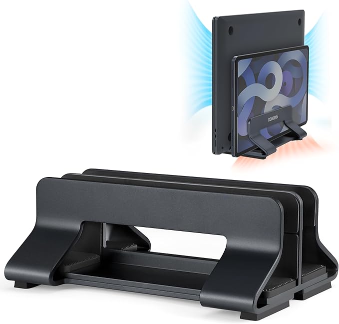 Psitek Aluminum Dual Vertical Laptop Stand Dock Holder, Supports 2 Devices, Adjustable Slot Width 15-36mm, Space-Saving Upright Storage for MacBook and Laptops