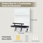 Key Holder Wall Mount, Key Holder With 2 Display Shelf, 3 Hooks for Key, Coat, Dog Leash, Key Hanger with Hook for Mail, Potted Plant, Farmhouse Mail Holder, Entry Way Organizer (White & Black)
