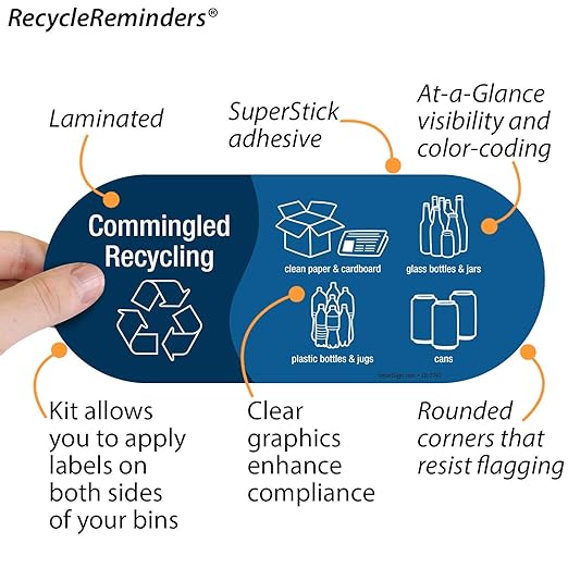SmartSign (Pack of 4) 3.75 x 9 inch “Commingled Recycling” Sticker Labels with Symbols, 5 mil Laminated Polyester with SuperStick Adhesive, Blue and White, Made in USA
