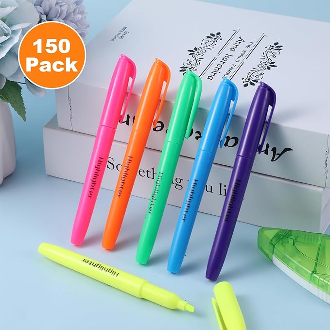 Meyeyaia 150 Count Highlighters Assorted Colors Bulk 6 Colors Highlighter Markers Chisel Tip Fluorescent Pens Dry-Quickly for Home Office