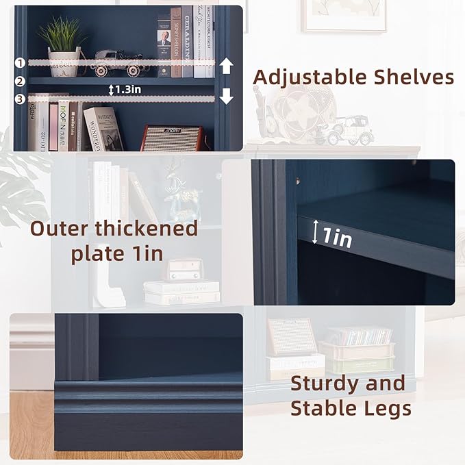 RWYHG 43" Blue Tall Bookshelf,3-Tier Thick Wooden Book Shelf with Adjustable Shelves,Free Standing Farmhouse Bookcase with Open Display Storage,Floor Vintage Bookshelves for Living Room,Office