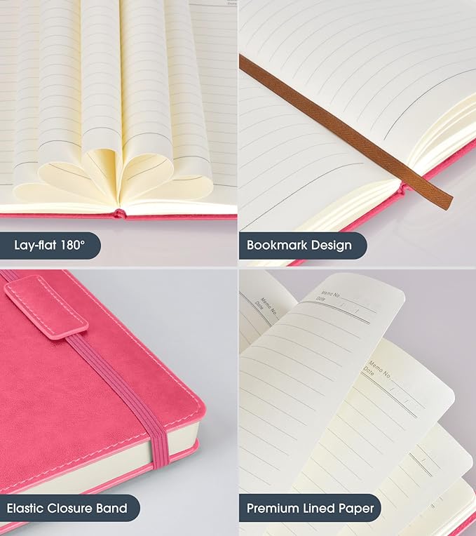 Biuwory Lined Journal Notebook for Women Men,256 Pages A5 Hardcover Leather Journals for Writing,Travel,Business,Work & School,College Ruled Notebooks for Note Taking,Diary Notepad 5.7"×8.3"(pink)