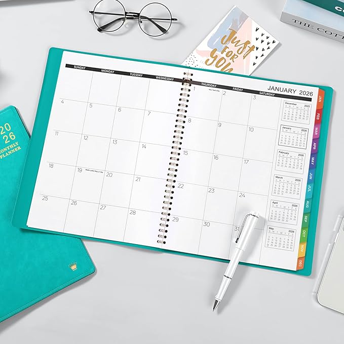 2026 Monthly Planner - Jan 2026 - Dec 2026, 12 Months Calendar/Planner with Faux Leather, 8.86" x 11.4", 15 Notes Pages, Strong Twin - Wire Binding, Pocket, Monthly Tabs, Perfect Organizer- Green