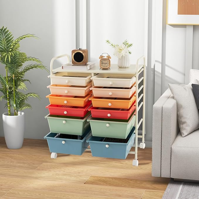 Happygrill 12-Drawer Rolling Storage Cart, Multipurpose Organizer Cart for Home Office School, Utility Cart with Wheels (Macaron)