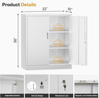 TaskStorz Metal Garage Storage Cabinets，36" Steel File Cabinet with 2 Adjustable Shelves, Lockable Storage Cabinets for Office, Home, Garage, Warehouse 36" H x 32" W x 16" D (White)
