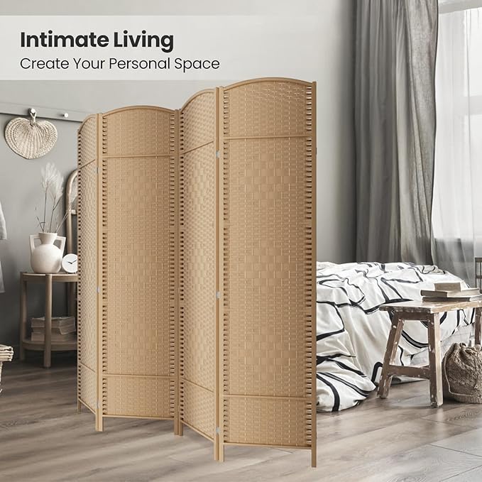 Cocosica 6 ft. Tall Room Divider and Folding Privacy Screen, Weave Fiber Foldable Panel Wall Divider with Diamond Pattern Weaved & 4 Panel Room Screen Divider Separator, Freestanding Room Divider